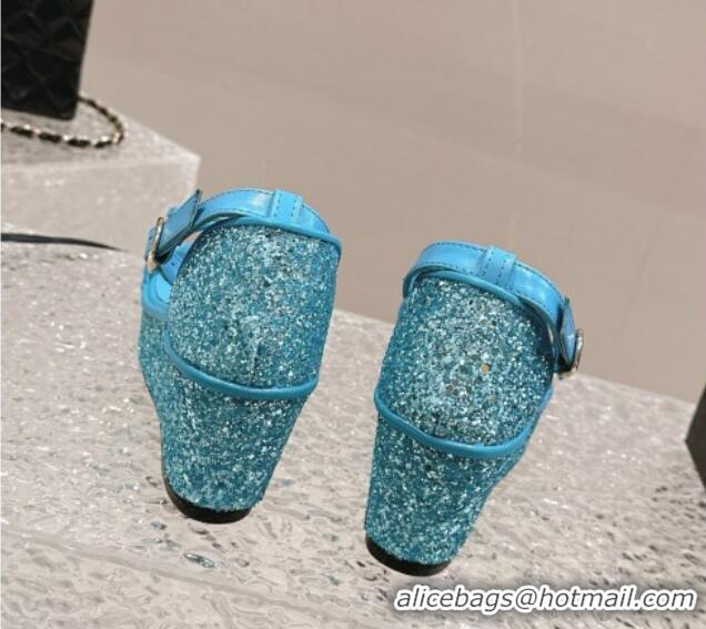 Best Price Chanel Glitters Wedge Sandals Blue 323001