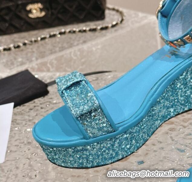 Best Price Chanel Glitters Wedge Sandals Blue 323001