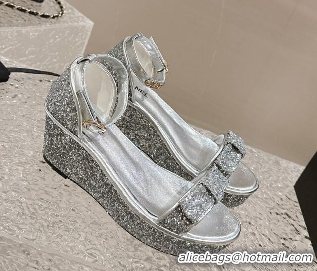 Grade Quality Chanel Glitters Wedge Sandals Silver 323002