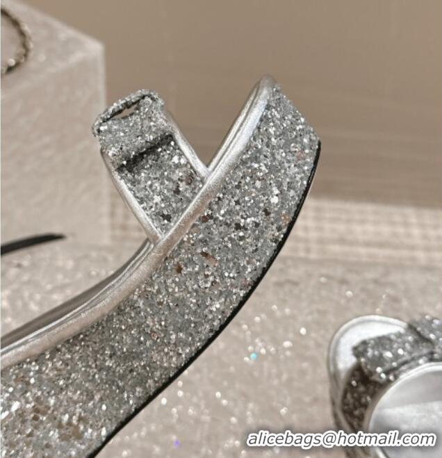 Grade Quality Chanel Glitters Wedge Sandals Silver 323002