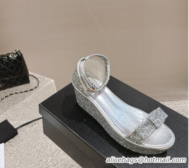 Grade Quality Chanel Glitters Wedge Sandals Silver 323002