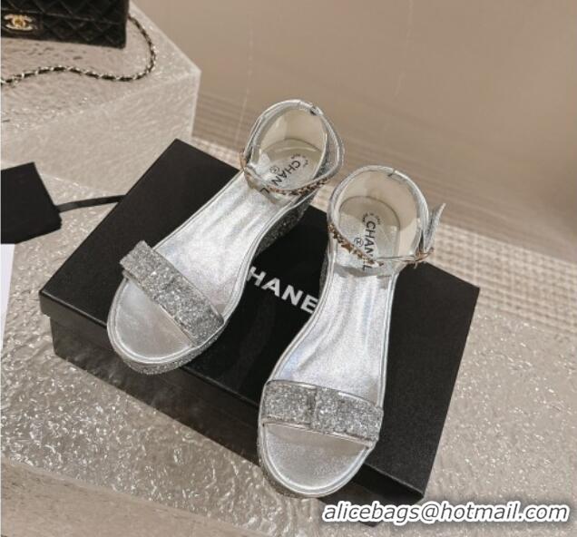 Grade Quality Chanel Glitters Wedge Sandals Silver 323002