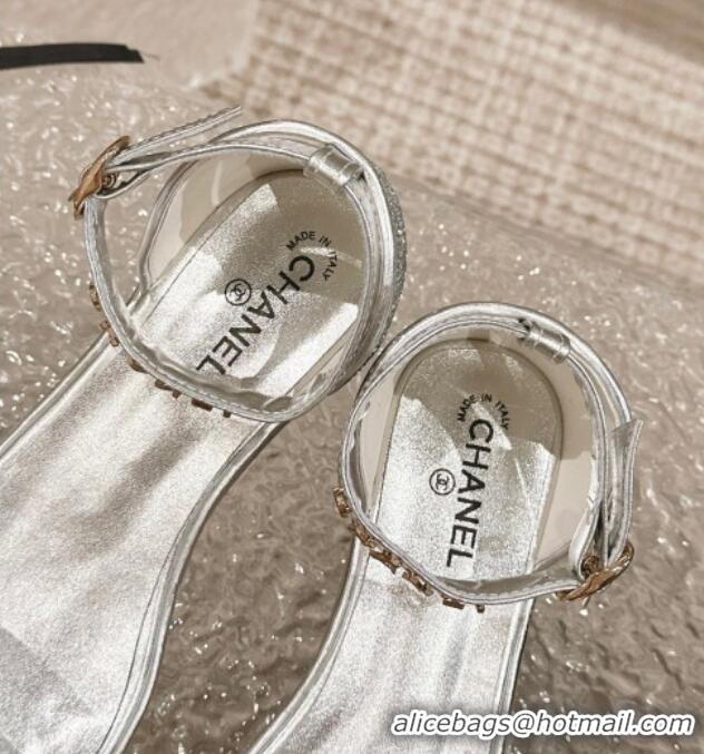 Grade Quality Chanel Glitters Wedge Sandals Silver 323002