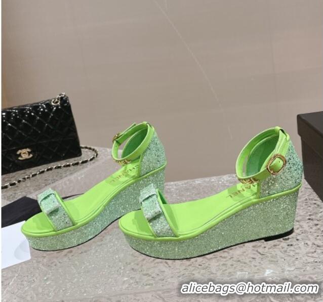 Shop Duplicate Chanel Glitters Wedge Sandals Green 0323003