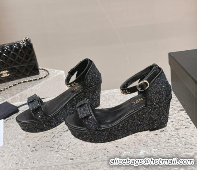 Best Product Chanel Glitters Wedge Sandals Black 0323005