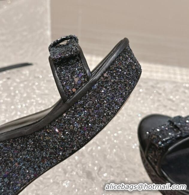 Best Product Chanel Glitters Wedge Sandals Black 0323005