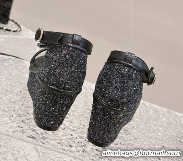 Best Product Chanel Glitters Wedge Sandals Black 0323005