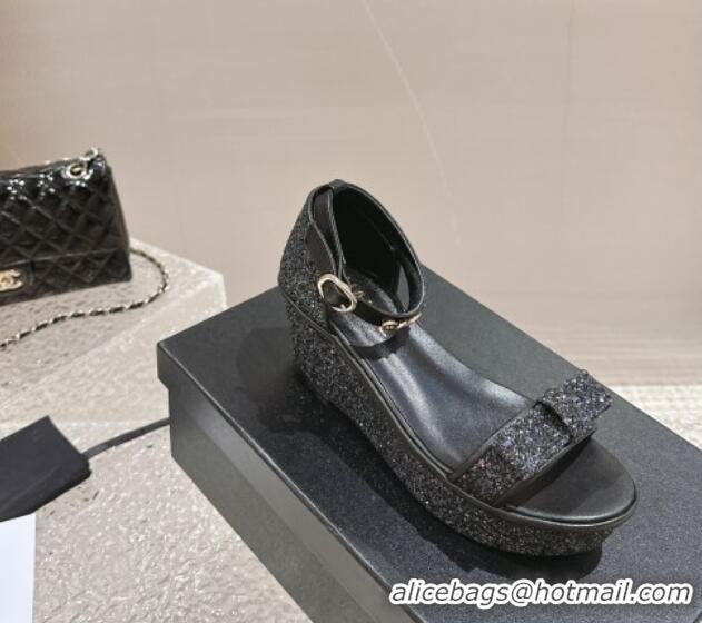 Best Product Chanel Glitters Wedge Sandals Black 0323005