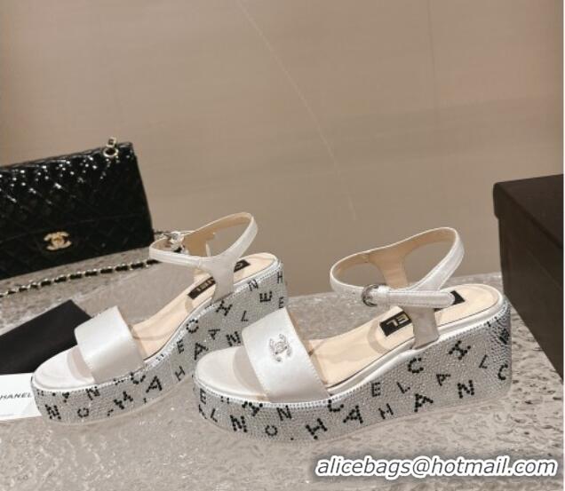 Most Popular Chanel Satin Wedge Sandals with Paved Crystals White 323006