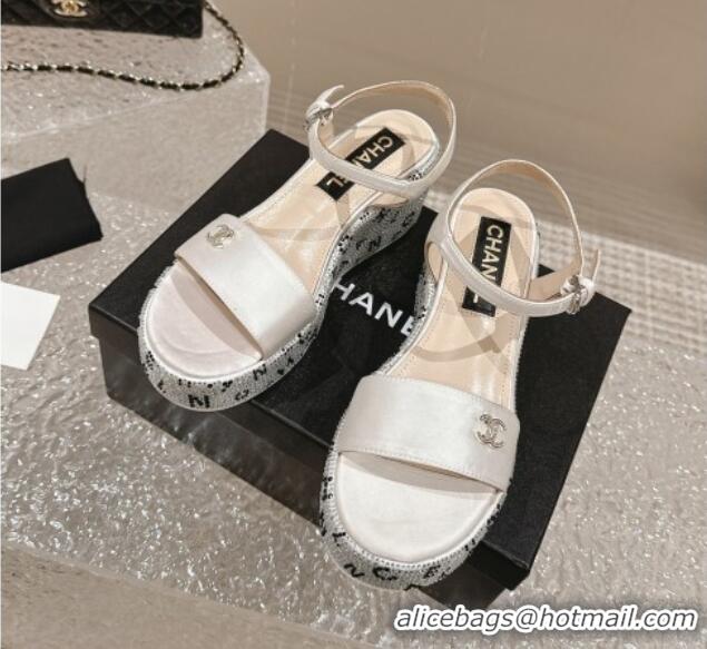 Most Popular Chanel Satin Wedge Sandals with Paved Crystals White 323006