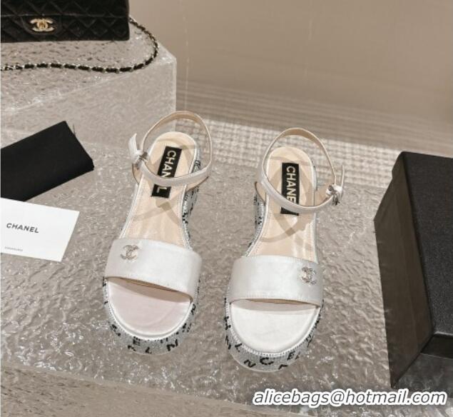 Most Popular Chanel Satin Wedge Sandals with Paved Crystals White 323006