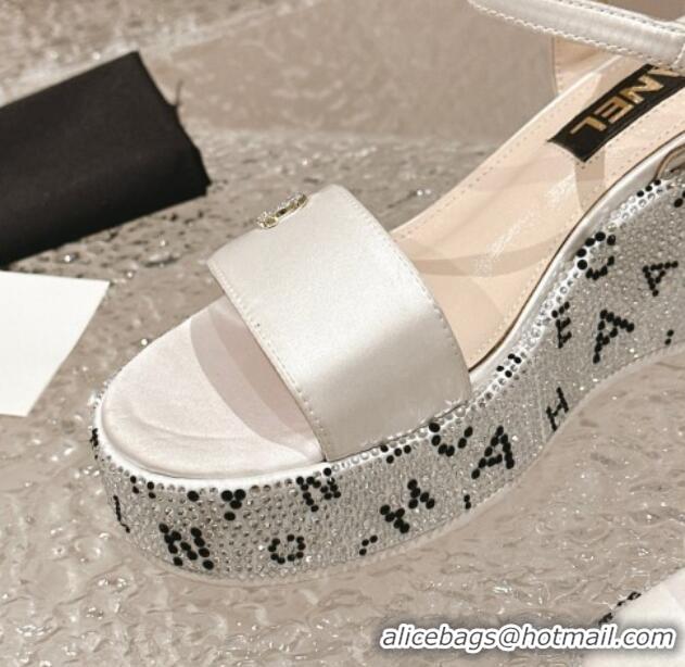 Most Popular Chanel Satin Wedge Sandals with Paved Crystals White 323006