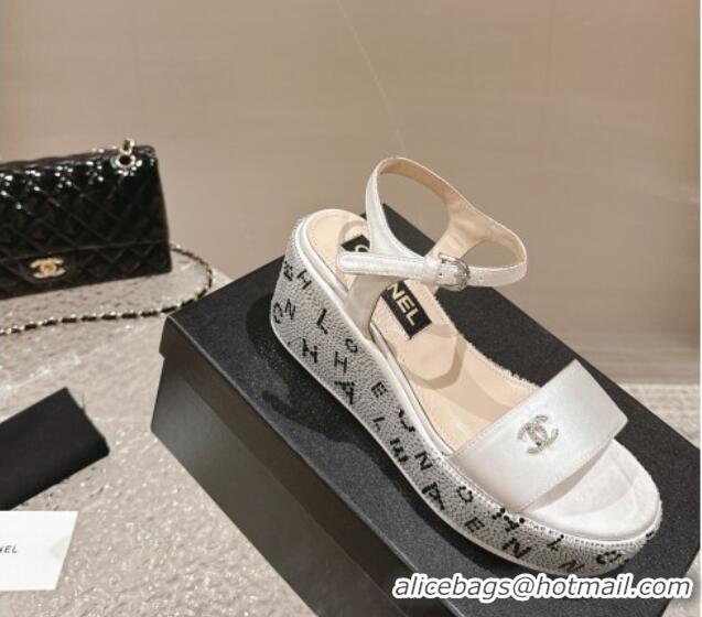 Most Popular Chanel Satin Wedge Sandals with Paved Crystals White 323006