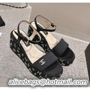 Pretty Style Chanel Satin Wedge Sandals with Paved Crystals Black 323007