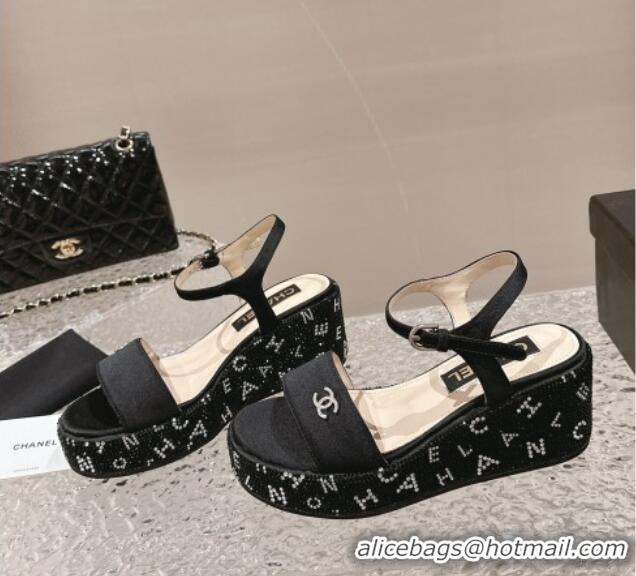 Pretty Style Chanel Satin Wedge Sandals with Paved Crystals Black 323007