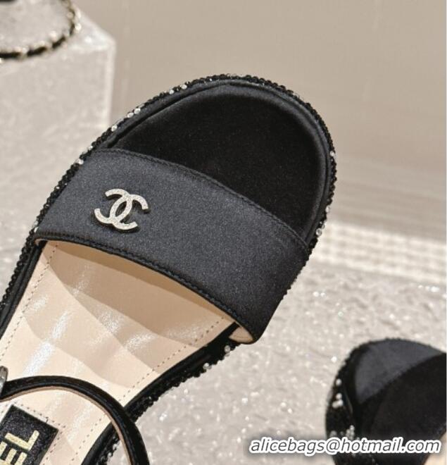 Pretty Style Chanel Satin Wedge Sandals with Paved Crystals Black 323007