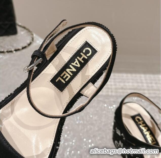 Pretty Style Chanel Satin Wedge Sandals with Paved Crystals Black 323007