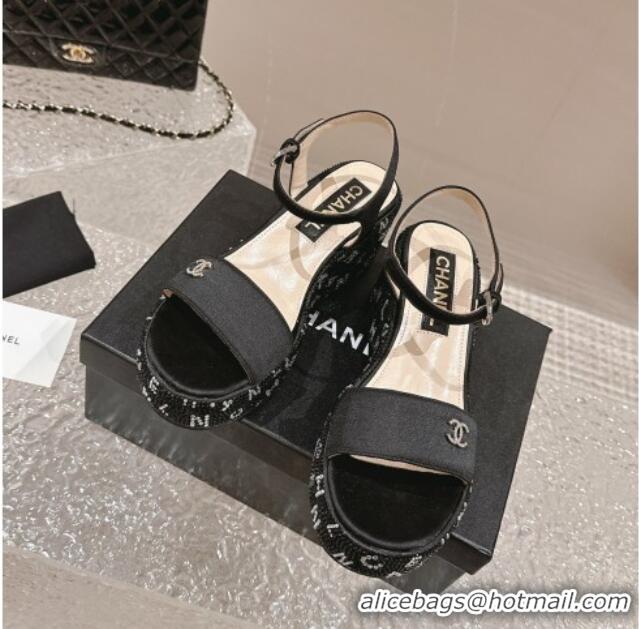 Pretty Style Chanel Satin Wedge Sandals with Paved Crystals Black 323007