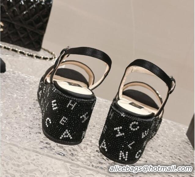 Pretty Style Chanel Satin Wedge Sandals with Paved Crystals Black 323007