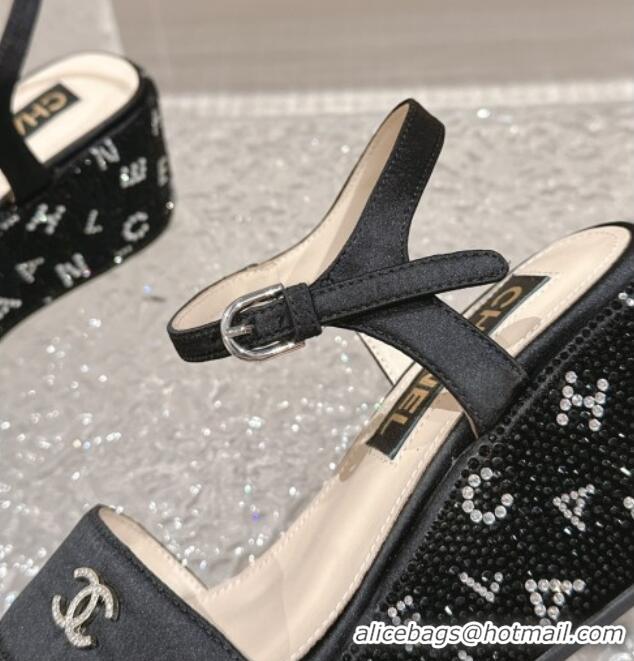 Pretty Style Chanel Satin Wedge Sandals with Paved Crystals Black 323007