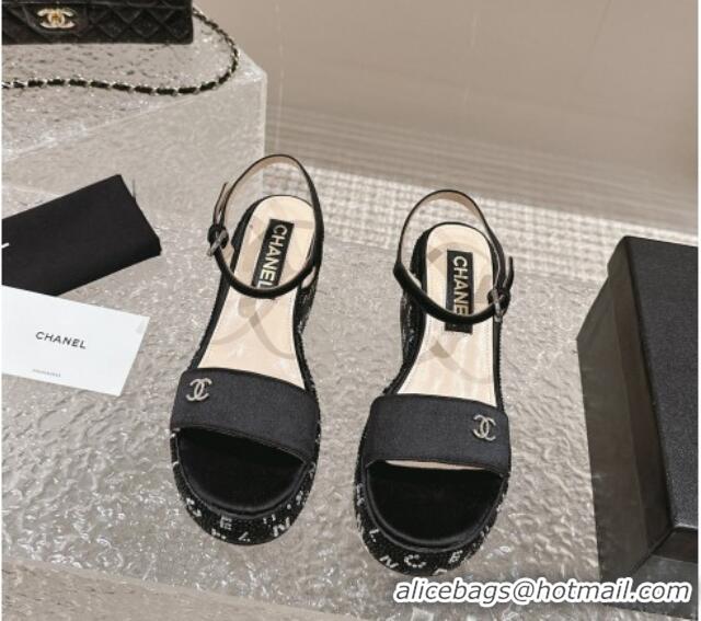 Pretty Style Chanel Satin Wedge Sandals with Paved Crystals Black 323007