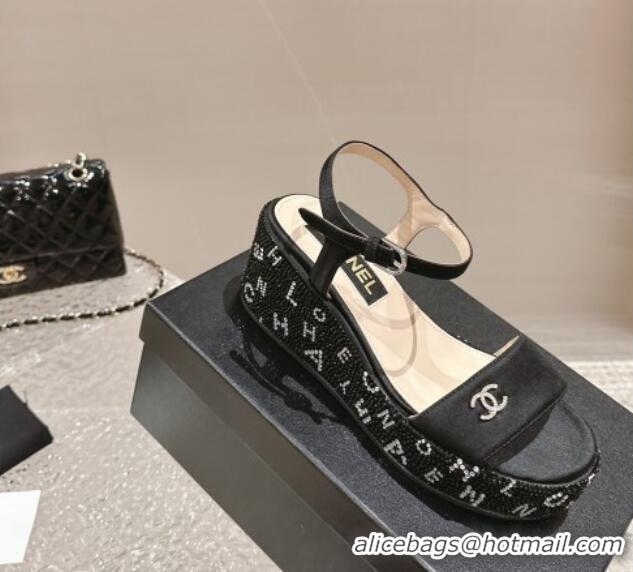 Pretty Style Chanel Satin Wedge Sandals with Paved Crystals Black 323007