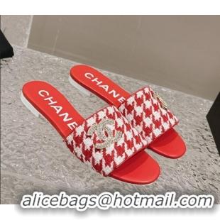 Top Design Chanel Houndstooth Fabric Flat Slide Sandals with Crystals CC Red 0323008