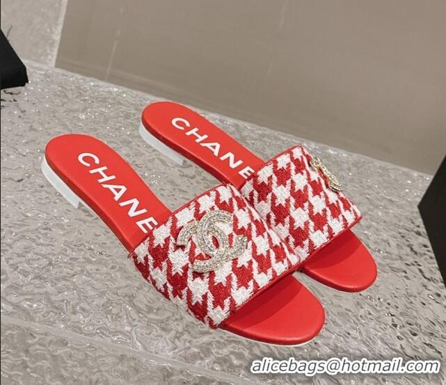 Top Design Chanel Houndstooth Fabric Flat Slide Sandals with Crystals CC Red 0323008