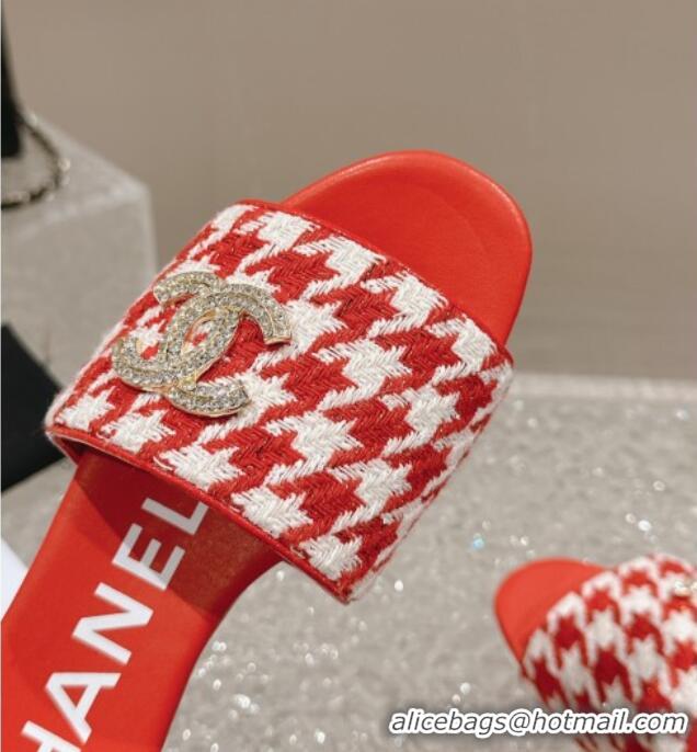 Top Design Chanel Houndstooth Fabric Flat Slide Sandals with Crystals CC Red 0323008