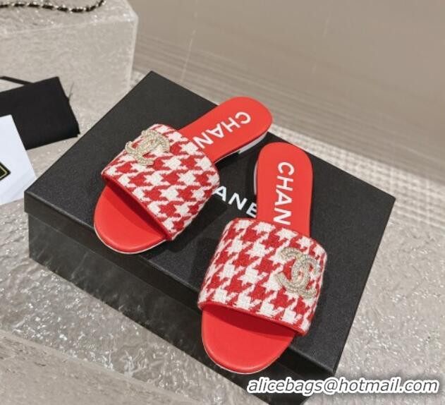 Top Design Chanel Houndstooth Fabric Flat Slide Sandals with Crystals CC Red 0323008