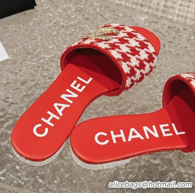 Top Design Chanel Houndstooth Fabric Flat Slide Sandals with Crystals CC Red 0323008