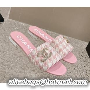 Charming Chanel Houndstooth Fabric Flat Slide Sandals with Crystals CC Light Pink 323009