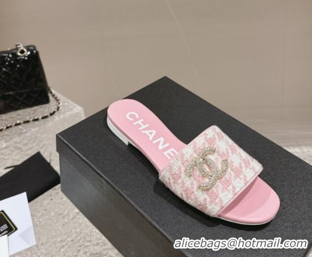 Charming Chanel Houndstooth Fabric Flat Slide Sandals with Crystals CC Light Pink 323009