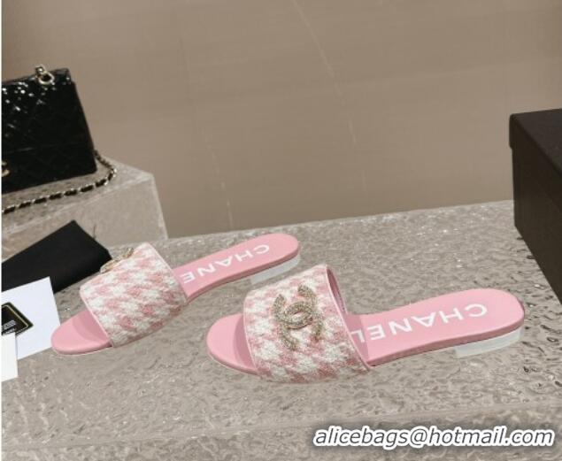 Charming Chanel Houndstooth Fabric Flat Slide Sandals with Crystals CC Light Pink 323009