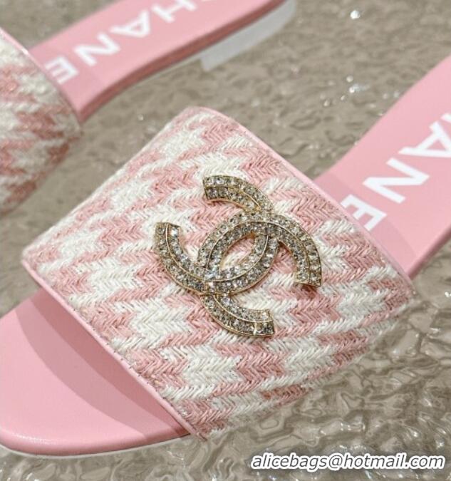 Charming Chanel Houndstooth Fabric Flat Slide Sandals with Crystals CC Light Pink 323009