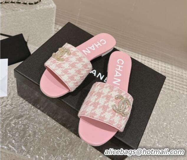 Charming Chanel Houndstooth Fabric Flat Slide Sandals with Crystals CC Light Pink 323009