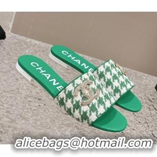 Cheap Price Chanel Houndstooth Fabric Flat Slide Sandals with Crystals CC Green 323010