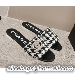 Discount Chanel Houndstooth Fabric Flat Slide Sandals with Crystals CC Black 323011