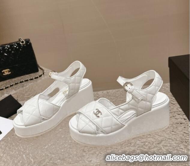 Good Product Chanel Shiny Calfskin Wedge Sandals with Crystal CC G39918 White 323012