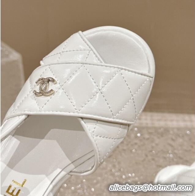 Good Product Chanel Shiny Calfskin Wedge Sandals with Crystal CC G39918 White 323012