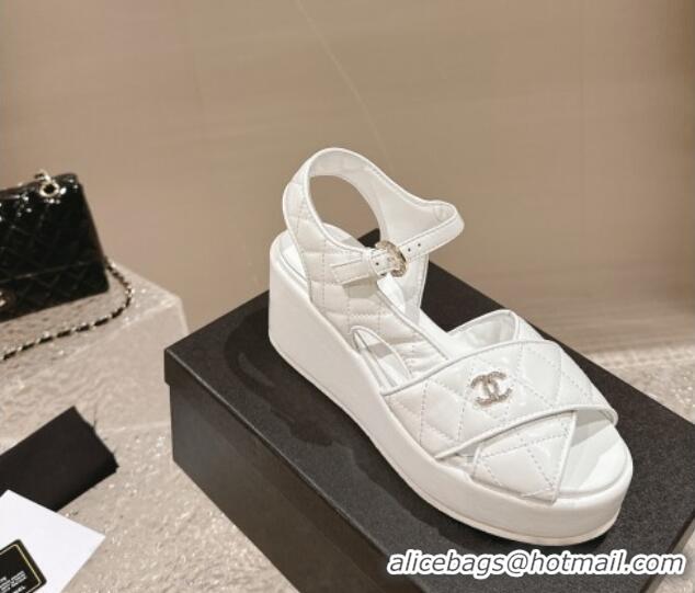 Good Product Chanel Shiny Calfskin Wedge Sandals with Crystal CC G39918 White 323012