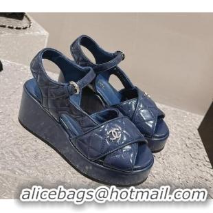 Fashion Chanel Shiny Calfskin Wedge Sandals with Crystal CC G39918 Dark Blue 323013