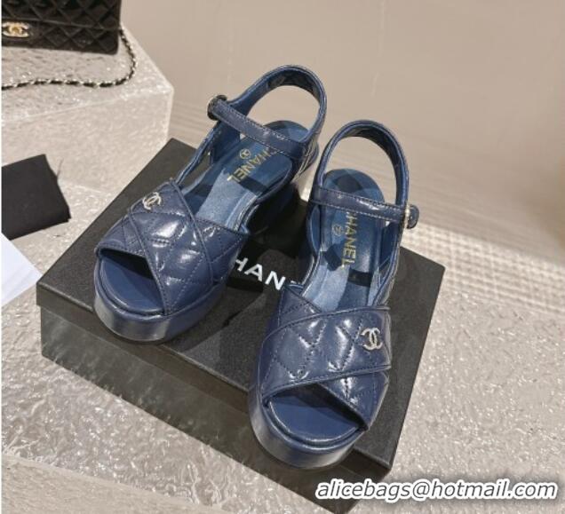 Fashion Chanel Shiny Calfskin Wedge Sandals with Crystal CC G39918 Dark Blue 323013