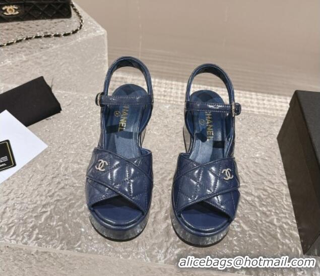 Fashion Chanel Shiny Calfskin Wedge Sandals with Crystal CC G39918 Dark Blue 323013