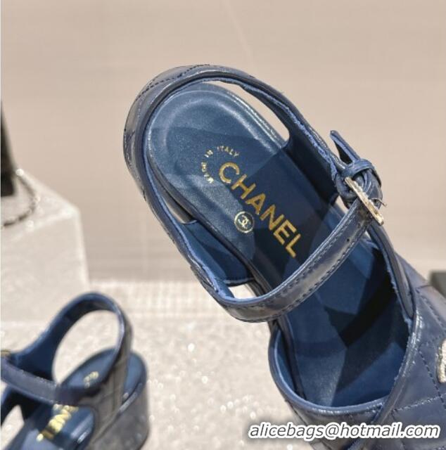 Fashion Chanel Shiny Calfskin Wedge Sandals with Crystal CC G39918 Dark Blue 323013