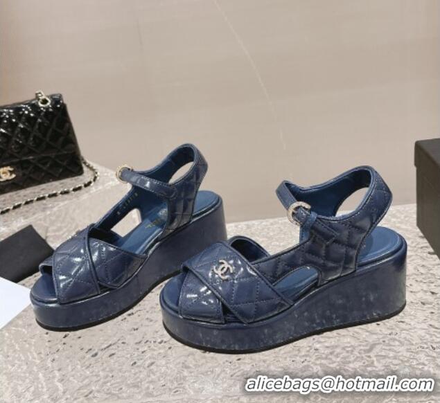 Fashion Chanel Shiny Calfskin Wedge Sandals with Crystal CC G39918 Dark Blue 323013