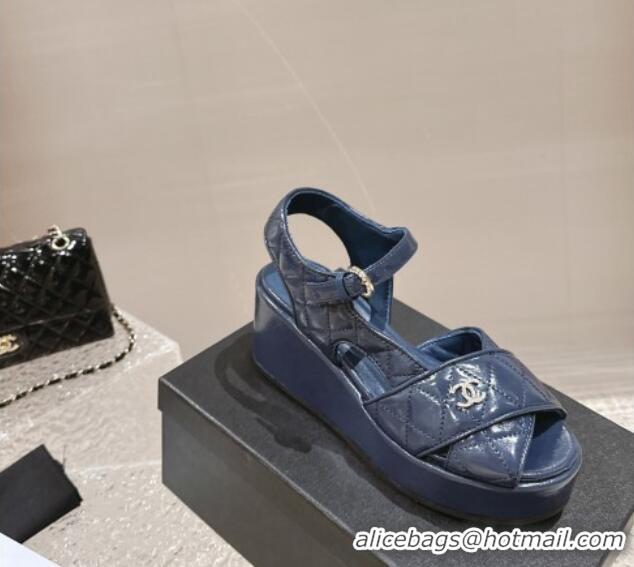 Fashion Chanel Shiny Calfskin Wedge Sandals with Crystal CC G39918 Dark Blue 323013