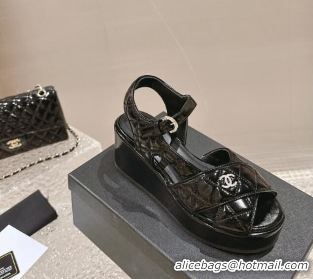 Low Cost Chanel Shiny Calfskin Wedge Sandals with Crystal CC G39918 Black 323014