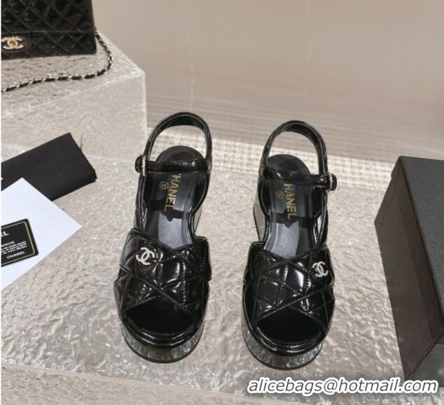 Low Cost Chanel Shiny Calfskin Wedge Sandals with Crystal CC G39918 Black 323014