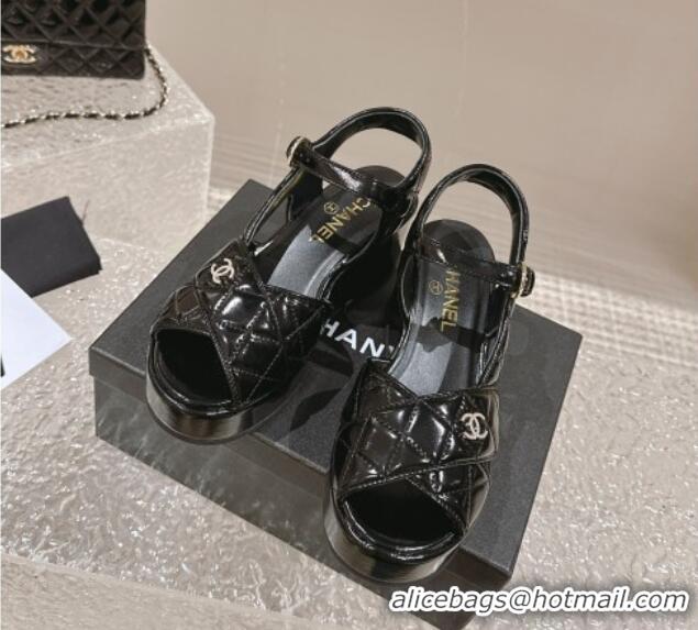 Low Cost Chanel Shiny Calfskin Wedge Sandals with Crystal CC G39918 Black 323014